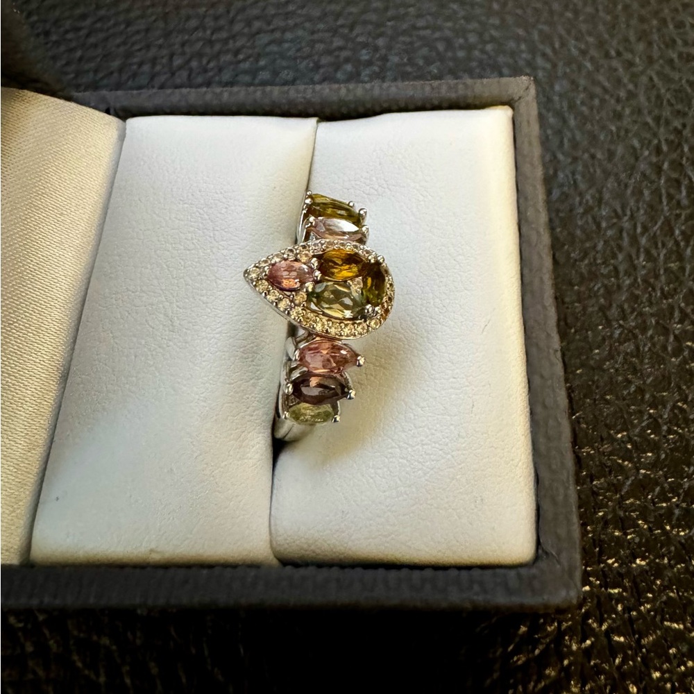 Multi Color Tourmaline Gemstone White Zircon Rhodium over Sterling Silver. Sz.6.